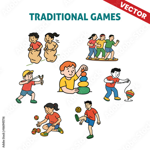 Traditional games with children playing tug-of-war, stacking cans, and balancing activities in a lively and fun setting, showcasing the spirit of teamwork and outdoor play.