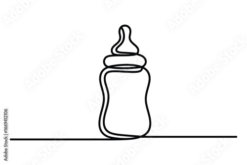 Minimalist single line drawing of a baby bottle with a nipple on a white background symbolizing infant feeding and care