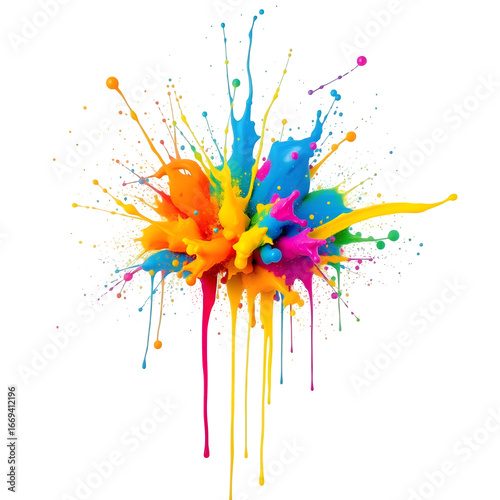 Vibrant multicolor paint splatter explosion against black background artistic design transparent background