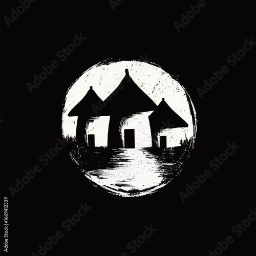 Traditional houses are depicted as silhouettes in a striking black and white design, creating a bold visual contrast. The structure features unique rooftops, enhancing the artistic appeal.