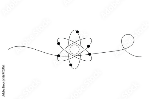 Abstract minimalist line art illustration of a stylized atom with orbiting electrons and a swirling decorative line element