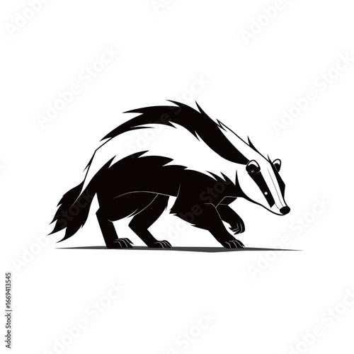 A stylized badger is depicted walking in a sleek black and white design. The creature showcases dynamic lines, emphasizing its agility and reflection of nature.