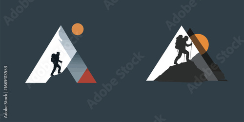 Silhouettes of climbers ascend abstract mountains with a sun in the background, showcasing adventure and outdoor exploration. The design blends nature and geometric shapes.