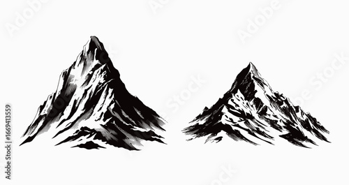 Two distinct snow-covered mountain peaks are depicted, highlighting their rugged textures and dramatic shapes against a contrasting background. The illustration emphasizes natural beauty.