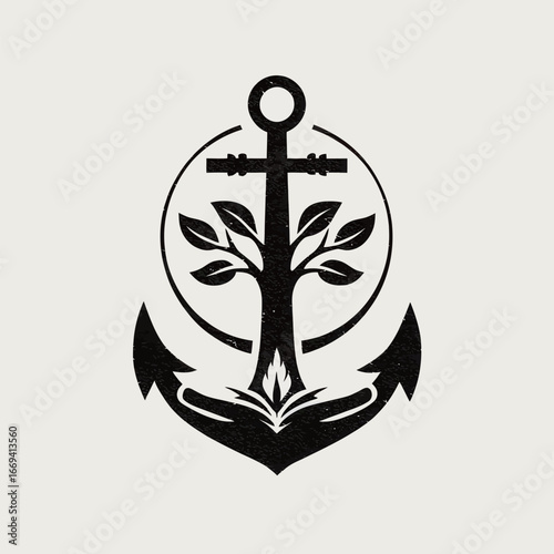 This artistic design features an anchor intersected by a tree, surrounded by flames and waves. It symbolizes resilience, nature, and the balance between strength and growth.