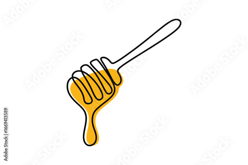 Simple line art drawing of a honey dipper dripping golden sweet honey against a white background