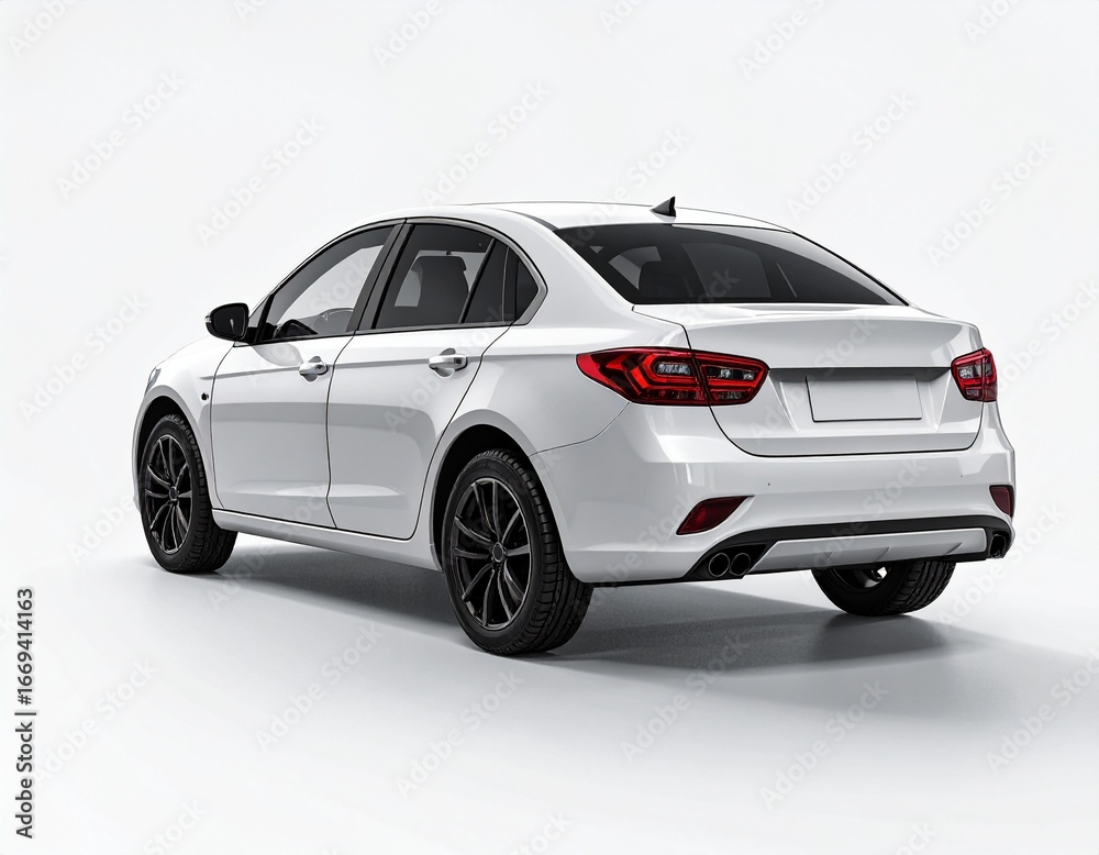 Obraz premium Modern White Sedan Rear View Isolated on White Background