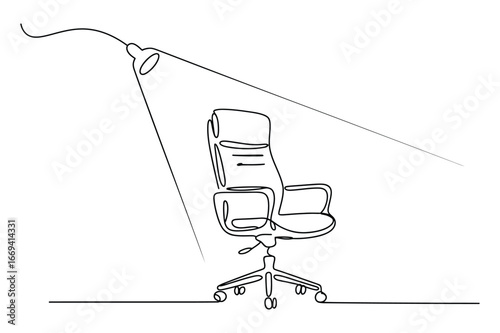 Minimalist continuous line drawing of a modern office chair illuminated by a single spotlight from above
