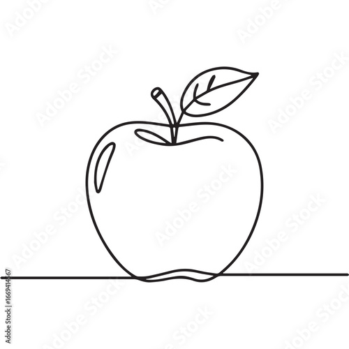 Continuous line of a apple .Single one line art of wild apple , One continuous line illustration of an apple isolated on white background.
