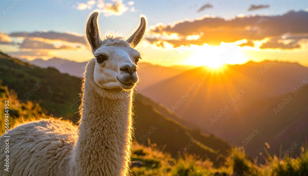 Obraz premium Llama Sunset Mountain Portrait
