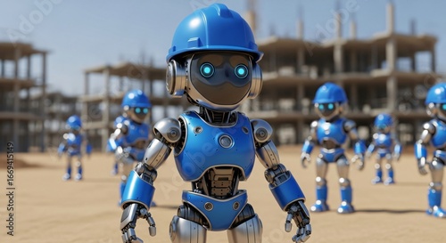 Futuristic construction robots working on sunny site, AI worker team