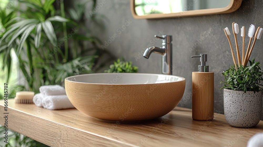 Fototapeta premium Wooden bowl bathroom sink