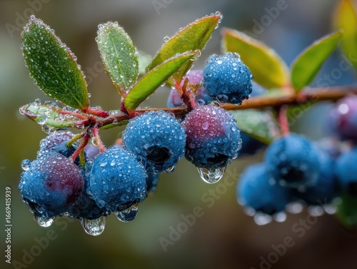 Closeup of Blue Berries Covered in Frost and Water Droplets