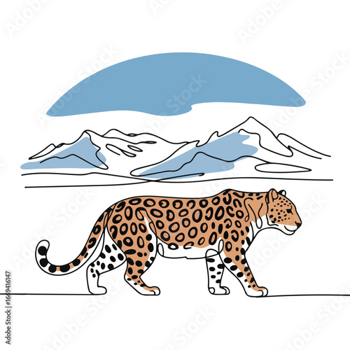 Continuous line of walking standing Leopard .Single one line art of wild Leopard , One continuous line illustration of an Leopard isolated on white background.