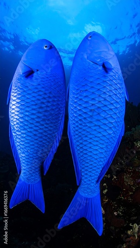 Two vibrant blue fish underwater