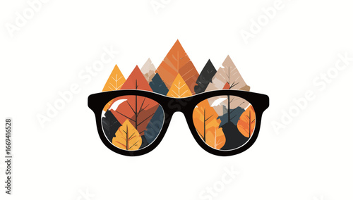 Colorful autumn leaves are artistically reflected in black glasses, creating a playful image that captures the essence of fall. The background features vibrant mountain peaks in seasonal hues.