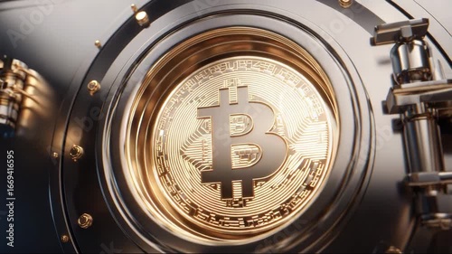 Bitcoin cryptocurrency coin inside a metallic safe door  