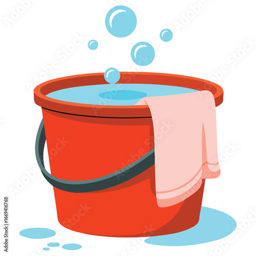 Bucket of water with washing rag clean home equipment vector illustration