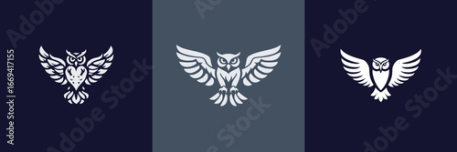 Wallpaper Mural Three distinct owl designs feature intricate details and different poses on a dark backdrop. Each owl displays various artistic interpretations and styles. Torontodigital.ca