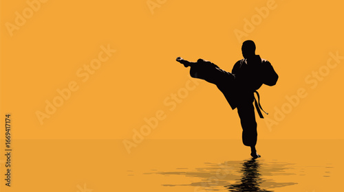 Silhouette of a martial artist in a black uniform performs a high kick, set against a bright yellow background. The dynamic pose captures strength and skill during training.