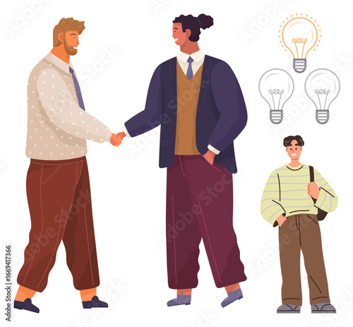 Two individuals shaking hands in agreement, with glowing light bulbs symbolizing ideas and a bystander observing. Ideal for teamwork, collaboration, innovation, leadership, brainstorming