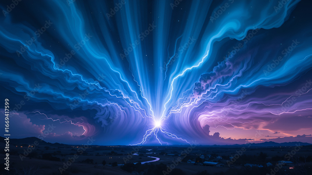 Fototapeta premium A cosmic storm radiating waves of pulsating blue and purple energy across the sky