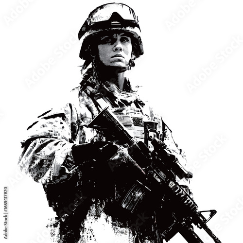 A female soldier stands firm and alert while holding a firearm, showcasing dedication to her military role. The image is rendered in a striking monochrome style.