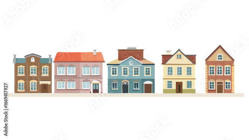 Row of charming cartoon houses, showcasing unique architectural styles and creating a whimsical townscape illustration