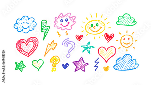 Hand drawn doodle set of clouds, lightning, hearts, suns, stars, question marks, and faces for kids art and design