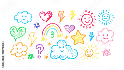 Cute and colorful hand drawn crayon doodles of clouds, hearts, lightning, suns, stars, rainbows, question marks, and happy faces