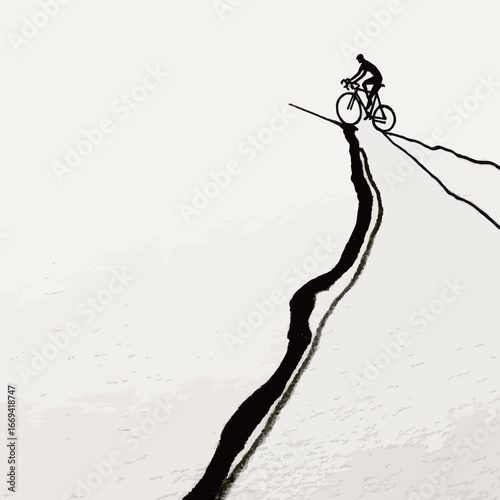 A lone bicyclist rides carefully along a slender trail, silhouetted against a tranquil early morning backdrop. The calm surroundings enhance the sense of solitude.
