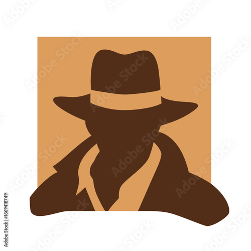 A silhouette of a figure dressed in a fedora hat and trench coat stands against a warm background. The design evokes a sense of intrigue and secrecy, capturing attention.