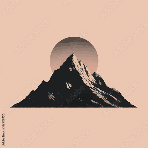 A striking mountain peak rises prominently, capturing the eye with its sharp edges and snow-covered summit, set against a warm peach sky at twilight.