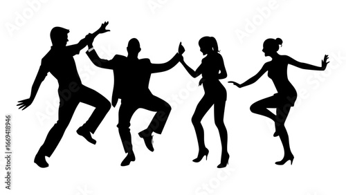 Silhouette of four people dancing and having fun together, enjoying the music and the party in a club or at an event