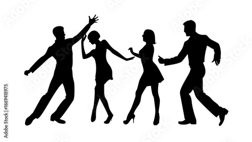 Silhouettes of four people dancing together, , capturing the energy and joy of a lively party or celebration with friends