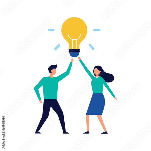 People holding up a glowing light bulb together idea