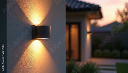 Modern wall lamp illuminates exterior home facade with warm light. Outdoor lighting fixture activates with motion detection, enhancing security and convenience for homeowners.