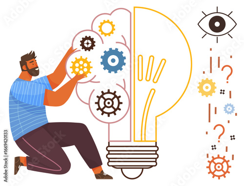 Man placing gears into a light bulb representing innovation, idea building, and problem solving. Ideal for creativity, brainstorming, business strategy, innovation, teamwork, startup growth solution