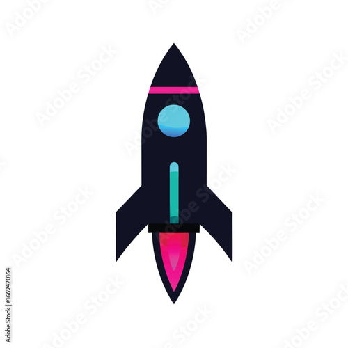 Black rocket ship with pink and blue accents launching