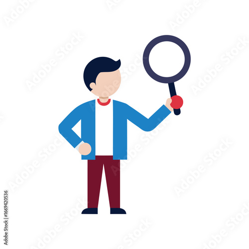 Person holding magnifying glass with hand on hip searching