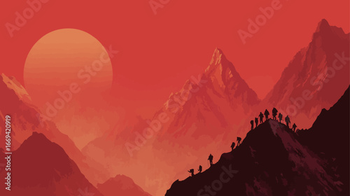 Group of hikers silhouetted against a striking red sunset while navigating a mountain peak. Majestic peaks loom in the distance, creating a dramatic and adventurous atmosphere.