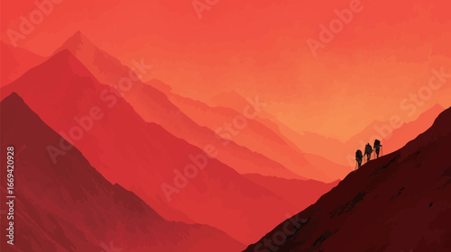 Hikers navigate a steep trail in a striking red-hued mountain landscape during sunset, creating a captivating view filled with silhouettes against vivid colors, perfect for adventure lovers.