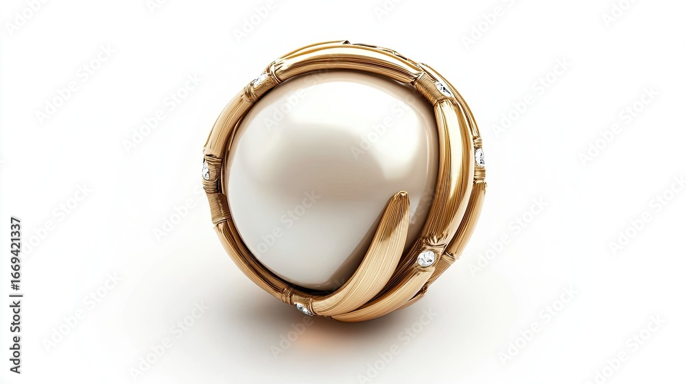 Exquisite pearl adorned with intricate gold and diamond detailing on white background Exquisite pearl adorned with intricate gold and diamond detailing on white background