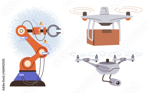 Robotic arm holding components beside a package-delivery drone and a camera-equipped surveillance drone. Ideal for robotics, automation, technology, innovation, logistics, security, future concepts