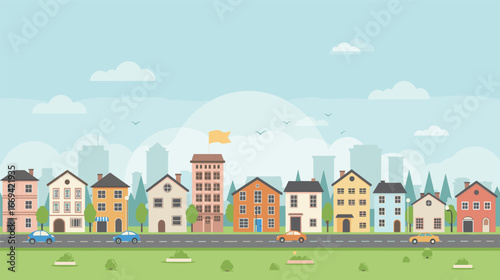 "Modern Cityscape with Colorful Houses and Cars on Street"