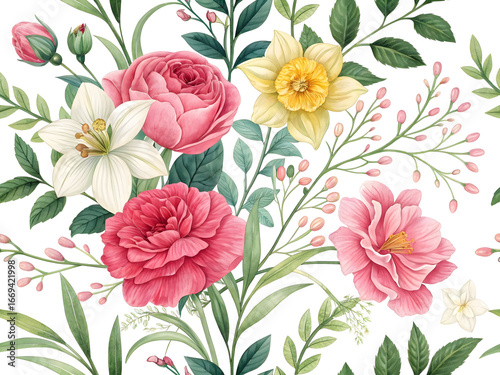 Wallpaper Mural Vibrant pink red yellow white floral botanical illustration image Torontodigital.ca