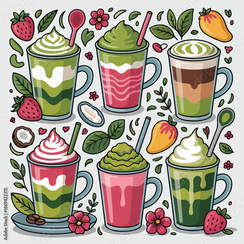 Matcha Drinks Vector Illustration Set – Colorful Flat Cartoon Matcha Latte Collection