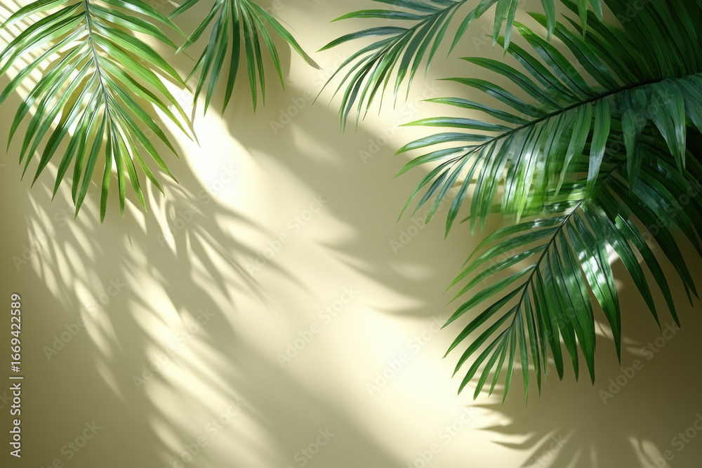 Fototapeta premium Soft Palm Leaf Shadows on Minimalist Beige Wall Background
