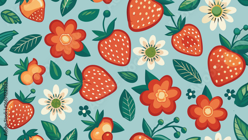Red strawberries and orange flowers with green leaves on light blue background strawberry