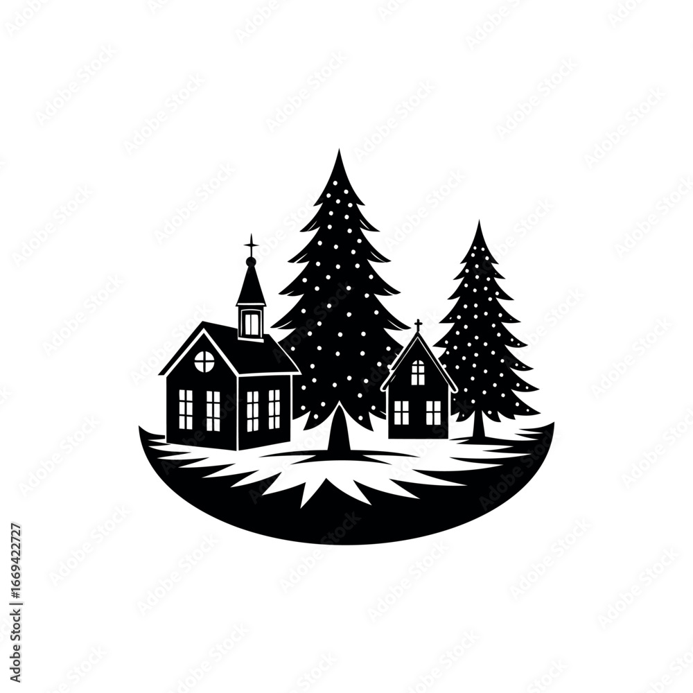 Fototapeta premium Black and white landscape featuring a church and houses with trees silhouette vector